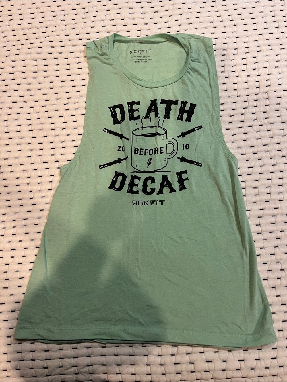 RokFit Women's Mint Green Graphic Muscle Tank - Death Before Decaf